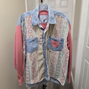 Vintage Coliseum Blues Patterned Button-Up Shirt with Denim Accents